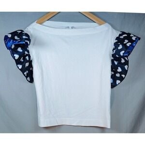 Claudie Pierlot White Boatneck Top Navy Heart Print Ruffle Cap Sleeve Size 1